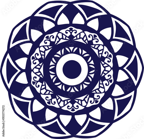 Dark blue circular mandala pattern with intricate geometric layers for yoga studio design