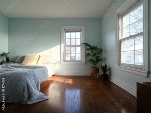 Soft sunlight bathes a minimalist bedroom. Teal walls contrast with rich, dark hardwood floors. Large windows frame tranquil outdoor views. Bedspread drapes gently over a neatly made bed