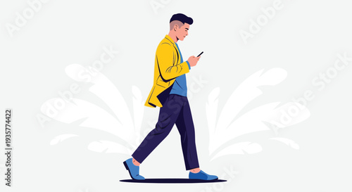 Fashionable young man walking down street with smartphone checking social media apps browsing internet using mobile device for communication and news