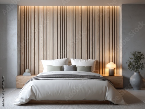 Minimalist bedroom with wooden slatted headboard. Soft lighting enhances modern, serene atmosphere. Bed dressed in clean white linens and gray throw. Simple bedside lamps cast warm, gentle glow