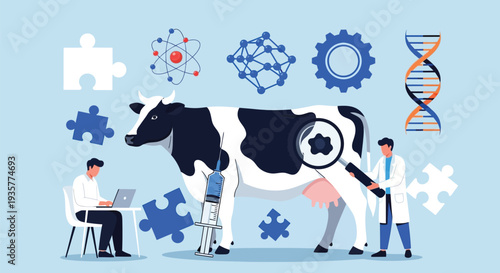 Genetic engineering and animal cloning concept scientists studying cow for livestock breeding dna molecule research medical biology experimentation innovation
