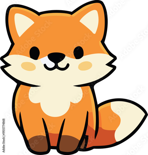 A cute cartoon fox with bright orange fur, a fluffy white chest, and a bushy tail is illustrated in a simple flat vector style.