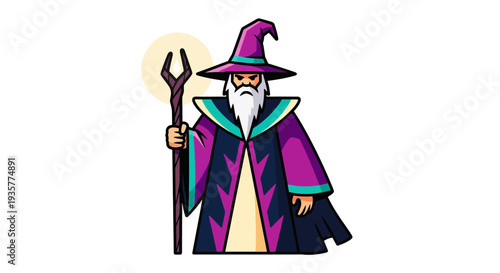 Cartoon Wizard Holding Staff.