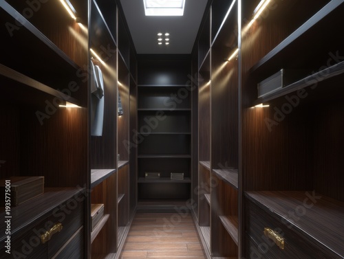 Dark wood walk-in closet with elegant lighting. Minimalist design features sleek shelves and drawers. Gold handles add subtle luxury to cabinetry. Modern LED lights illuminate each section precisely