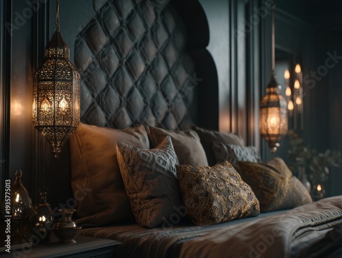 Darkly elegant bedroom with ornate lanterns. Quilted headboard adds luxurious depth. Soft lighting enhances cozy, intimate feel. Textured pillows and rich fabrics complete scene