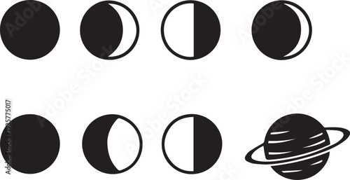 A black and white vector illustration showing various phases of the moon alongside the planet Saturn.