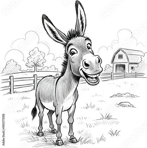 A cheerful donkey stands in a field with a barn and fence behind wqe 251