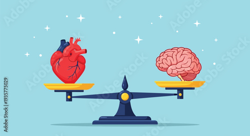 Heart and brain balancing on scales showing a concept of emotional and rational thinking equilibrium mind versus feeling duality or psychological balance