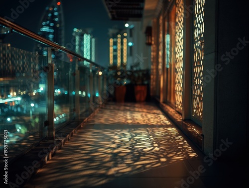 Night balcony overlooks glowing city skyline. Patterned light casts shadows on tiled floor. Glass railing reflects ambient city glow. Warm, intricate shadows from decorative screen