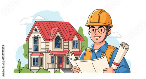 Architect holding blueprints in front of a residential house
