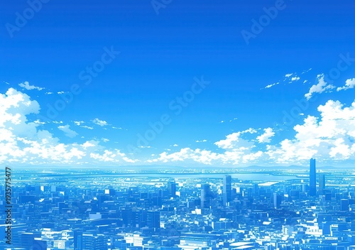 푸른 하늘 아래 펼쳐진 현대 도시의 스카이라인, 구름과 함께 맑고 평화로운 풍경을 선사합니다.