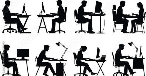 Office workers using computers at desks, business people working in workplace, corporate office productivity, professional employees teamwork concept