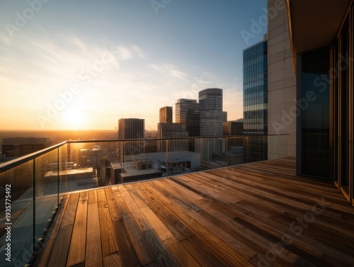 Sunset bathes urban skyline in golden glow. Modern balcony features wood deck and glass railings. Cityscape rises behind warm, tranquil evening light