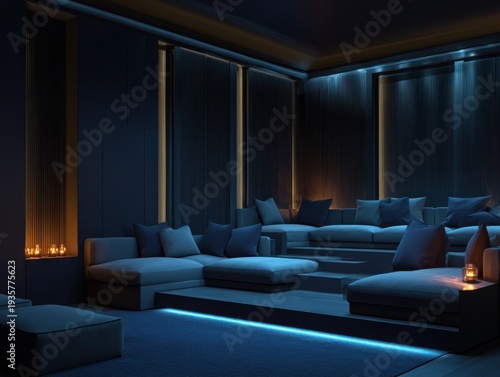 Darkened living room with modern sectional sofa. Soft blue lighting accents the floor and walls. Vertical curtains frame the back wall subtly. Warm lantern glow adds cozy ambiance