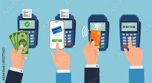 Various payment options including cash, mobile, credit card, and pin pad for point of sale transactions at a store or business