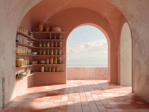 Sunlight streams through arched doorway. Terracotta tiles gleam under warm glow. Shelves hold jars and ceramic containers. Soft pink walls frame tranquil coastal view. Open archway invites calm