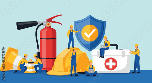 Work safety concept with tiny people working around safety equipment like hard hats fire extinguisher first aid kit and traffic cone on blue background