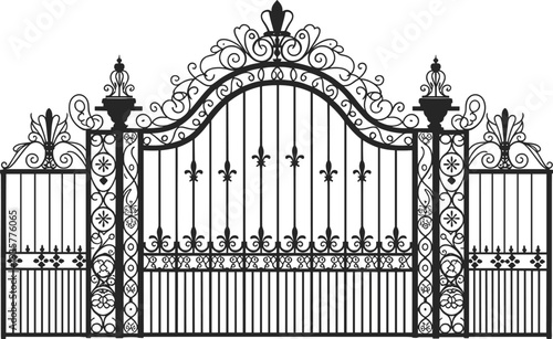 Luxury ornamental wrought iron gate with decorative scrollwork and fleur de lis elements elegant vintage entrance fence architectural metal vector illustration