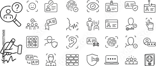 Authentication linear icons collection. Identity set of web icons in line style. Containing identification, passport, biometric, ID card, fingerprint, DNA.eps