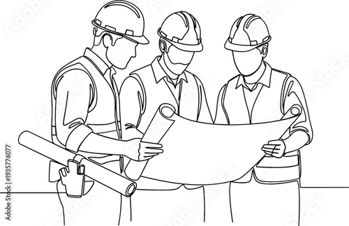 Continuous one line drawing of three engineers in hard hats reviewing a technical blueprint for construction and architecture projects