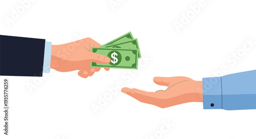 Hand giving cash money to another hand isolated on white background, concept of payment salary transfer loan or donation illustration