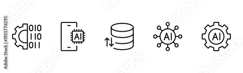Artificial intelligence set of web icons in line style. AI technology icons for web and mobile apps. Machine learning, algorithm, smart robotics, cloud computing network Vector illustration
