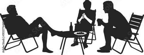 Friends relaxing and drinking together silhouettes, social gathering on chairs with table, casual conversation isolated on white background illustration