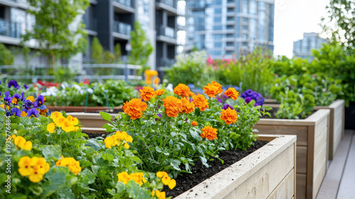 Urban community garden features vibrant flowers and lush greenery, creating serene atmosphere in modern setting