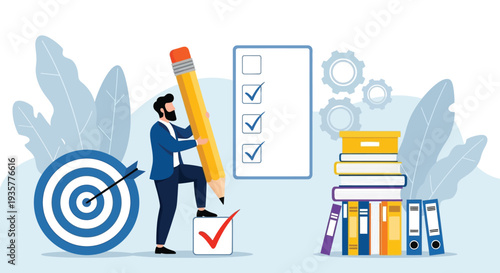 Businessman achieving goals with large pencil and checklist, surrounded by books and business documents for education