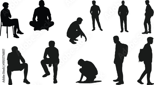 Male human silhouettes in various standing, sitting, squatting and walking poses, casual posture vector set for design, illustration and layout use