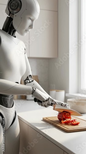 A futuristic white humanoid robot chef slicing a red pepper on a wooden cutting board in a bright modern kitchen with natural window light
