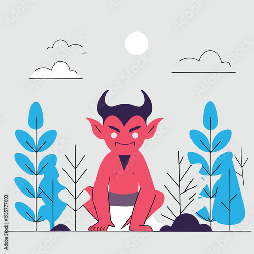 Red Demon Imp Creature Sitting in Forest by Moonlight Evil Mythical Character Scene