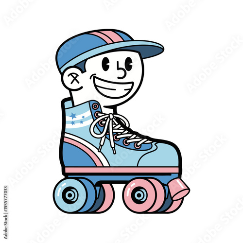 A smiling cartoon boy wearing roller skates and a blue cap with a pink stripe glides on wheels from a side viewpoint in a simple graphic illustration