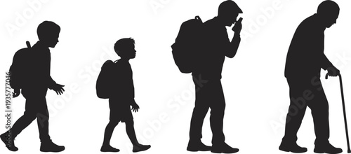 Male life stages silhouette from schoolboy with backpack to elderly man with cane, human aging and generational growth concept isolated