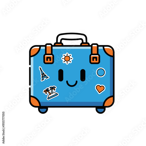 Cartoon blue suitcase adorned with travel stickers and a smiling face, symbolizing adventure and joy, depicted from a straightforward front view.