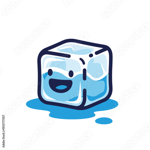 Cartoon ice cube character melting on a surface viewed from a slightly angled front perspective in a simple illustration style.
