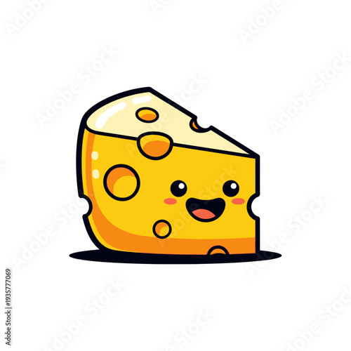 A cartoon illustration of a smiling piece of cheese with holes, depicted in a playful and colorful style, showcasing a happy and animated dairy product.