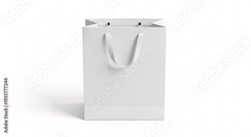 Studio Shot of a Simple White Paper Shopping Bag with White Handles and a Minimalist Design on a Plain White Background