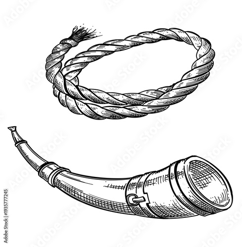 rope and horn vector line art hand drawn illustration