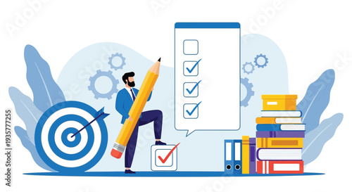 Business executive completing tasks successfully achieving target, man holding giant pencil marking checklist with a checkmark