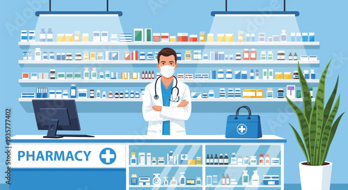 Male pharmacist wearing medical mask and white coat standing with crossed arms in pharmacy interior, background shelves with medications