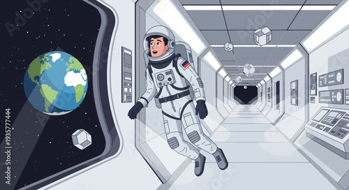Astronaut floating in space suit inside spaceship corridor.