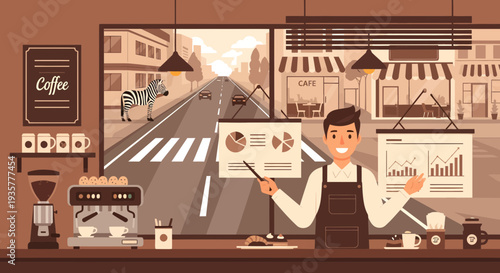Barista presenting business growth charts in coffee shop.