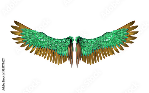 A stunning pair of outstretched wings featuring vibrant emerald green and shimmering golden brown feathers, isolated against a dark background. Perfect for fantasy or mythical designs.