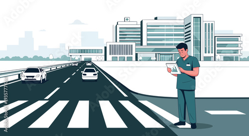 Doctor with Tablet Standing on Crosswalk Near Hospital.
