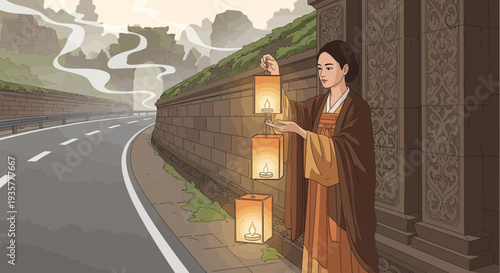 Elegant Woman Holding Traditional Chinese Lanterns.