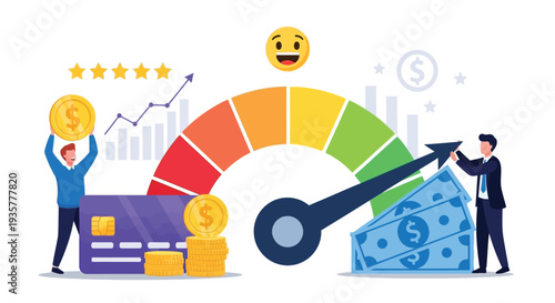 Credit score concept, increasing financial performance, people holding money and credit card with meter showing good rating