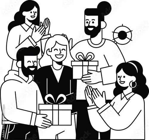 Group of people exchanging gifts and celebrating together happily with smiling faces and clapping hands