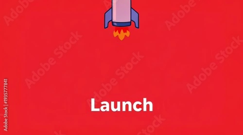 Flat style rocket icon with “Launch” text appears during takeoff, smooth transition animation, blue and red contrast colors, clean UI style