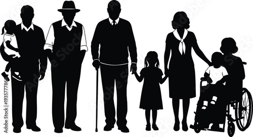Family silhouette with a child in a wheelchair and a baby
